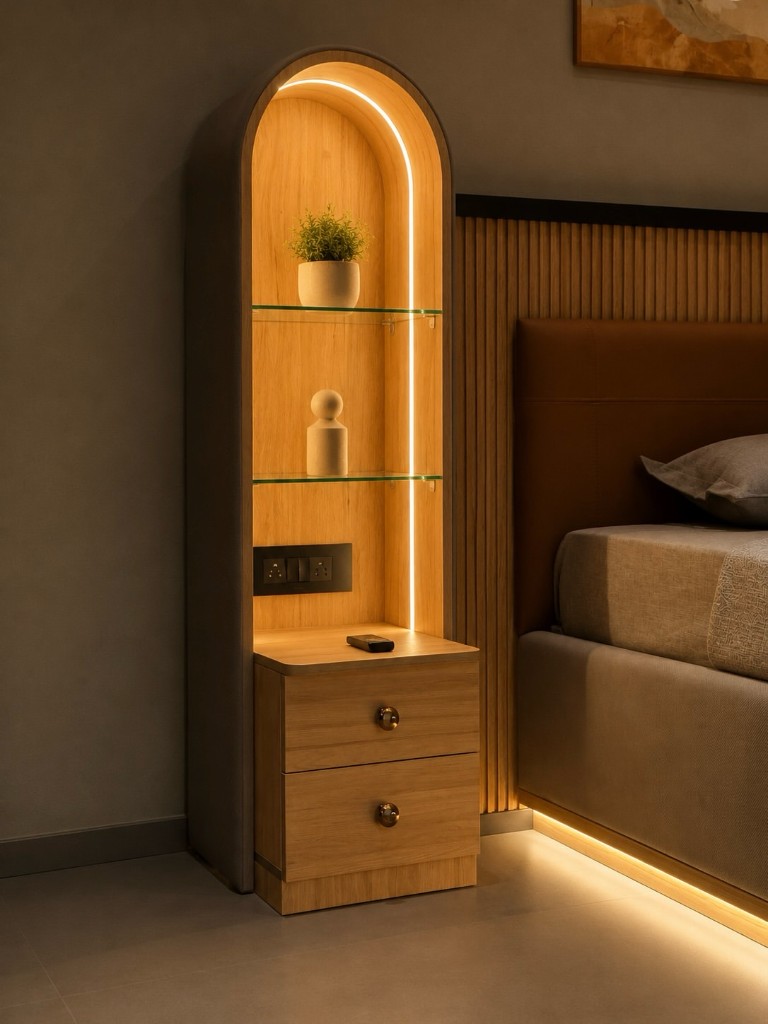 Showroom bedside niche with integrated outlets