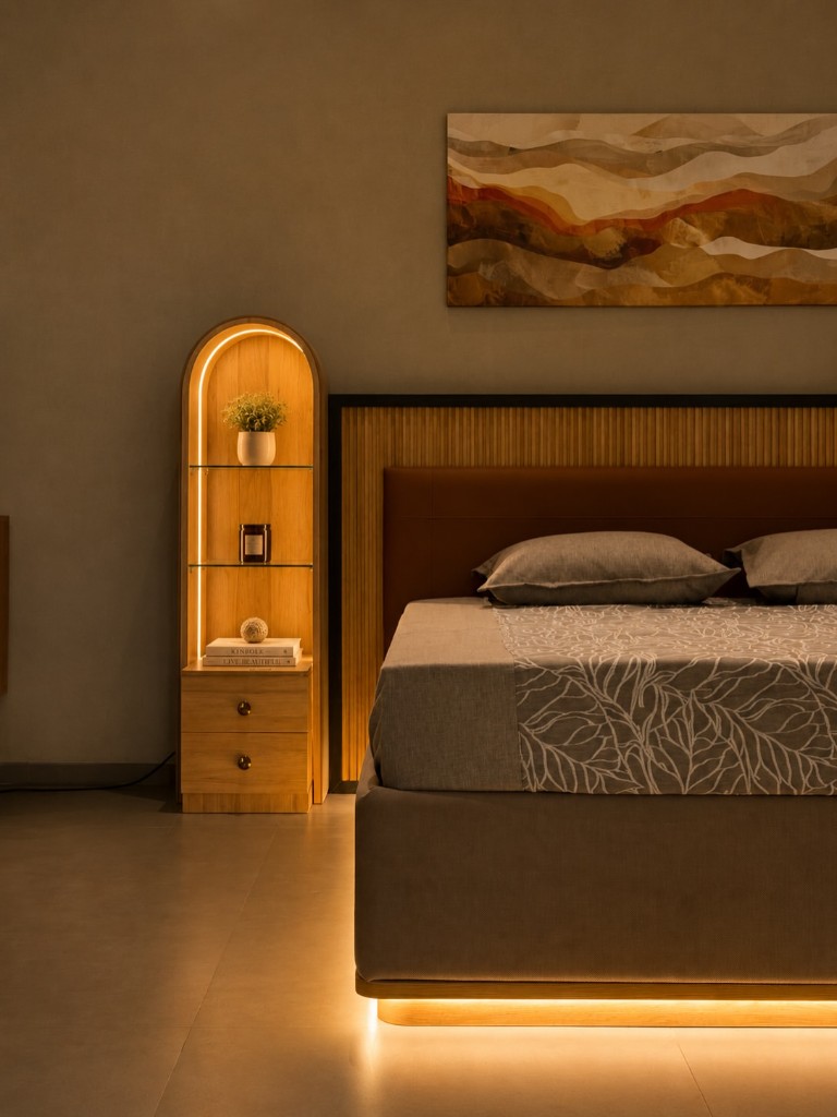Showroom bed with lit arched nightstand